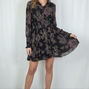 Free People Black Floral Smocked Mini Dress Long Sleeve Size Small